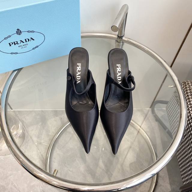 Prada 普拉达新品真丝高跟尖头单鞋 拖鞋 顶级品质 材质与工艺 原版进口真丝面 内里羊皮垫脚 进口真皮大底 Size 35-39 34 40 41定做不退换