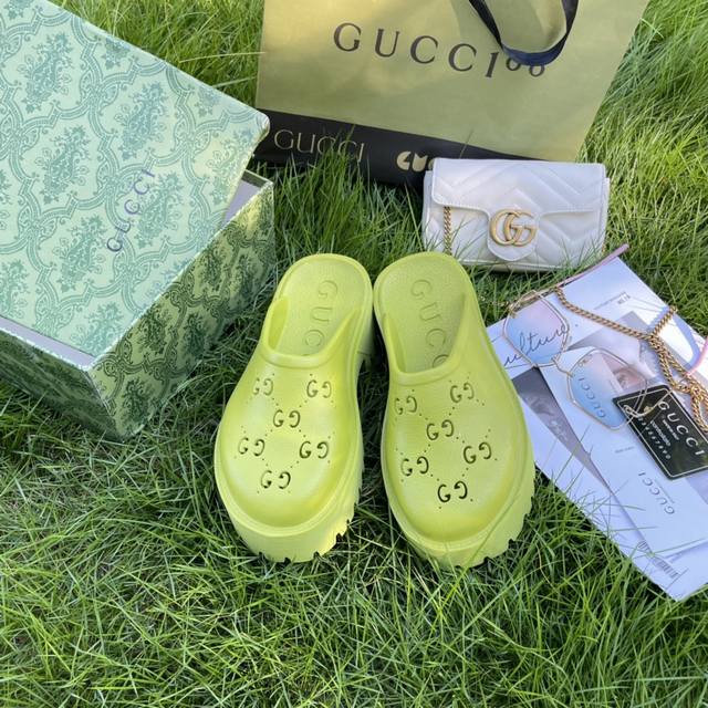 Gucci 古驰 冲孔雕花洞洞鞋 厚底增高包头半拖 多色发售 休闲穿搭 明星同款 底高 薄2.5Cm 厚5.5Cm 码数 35-43