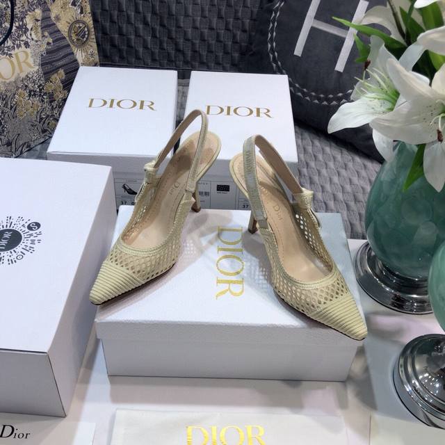 冲量价: 独家首发 J'Adior 2021春夏新款 Slingback 镂空刺绣网面女鞋 迪奥 Dior 字母logo织带蝴蝶结方头高跟凉鞋 顶级高端版本 材