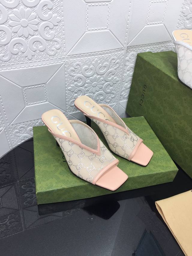 出厂价 顶级版本 Gucci 古驰春夏新款gg Vintage中古烫钻网纱后空包头小猫跟方头凉鞋单鞋高跟鞋 这g家系列aria水钻高跟鞋太好看了，鞋面镶钻bul