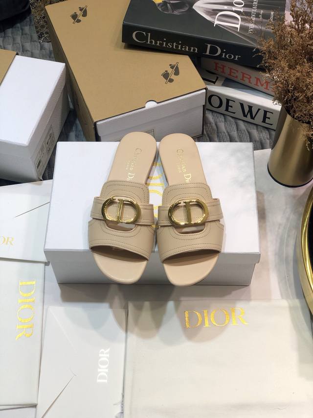 出厂价pp皮底 ，橡胶底210 迪奥 Dior 2021早春新款女鞋 Cd字母金属logo平底镂空凉鞋，圆头粗跟果冻色拖鞋 市面顶级版本 材质:鞋面进口石头纹牛